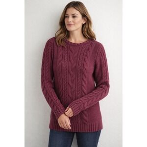 LL Bean Cable Knit Sweater Women L Tall Burgundy Cotton Classic Preppy Heritage